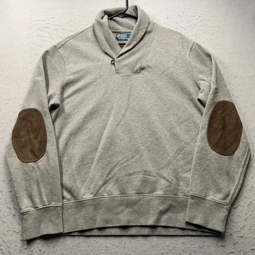 Polo Ralph Lauren Shawl Neck Sweatshirt Heather Gray Elbow Patches Mens Large